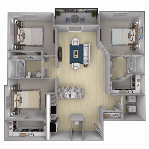Floor plan for 3 beds, 2 baths, 1227 sqft